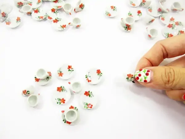 Dollhouse Miniature Ceramic Flower Paint Cup Saucer Round Plate #S - Image 4