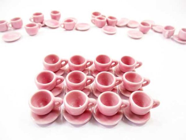 1:6 Dollhouse Miniature Ceramic Pink Coffee Tea Cup Saucer Round Plate #M