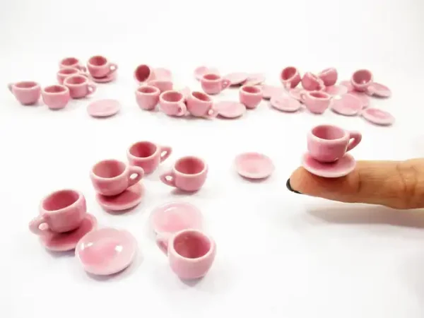 1:6 Dollhouse Miniature Ceramic Pink Coffee Tea Cup Saucer Round Plate #M - Image 7