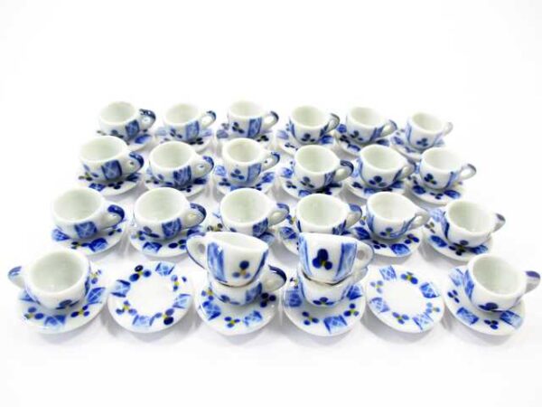 Dollhouse Miniature Ceramic BLUE PAINT Tea Cup Saucer Round Plate #S