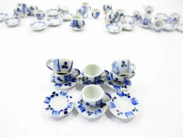 Dollhouse Miniature Ceramic BLUE PAINT Tea Cup Saucer Round Plate #S - Image 2