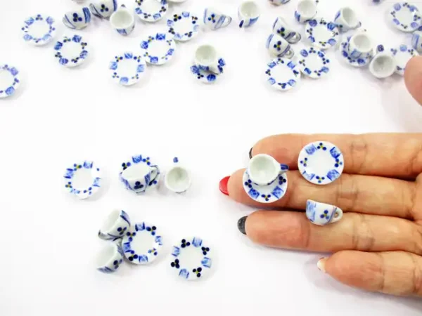 Dollhouse Miniature Ceramic BLUE PAINT Tea Cup Saucer Round Plate #S - Image 5