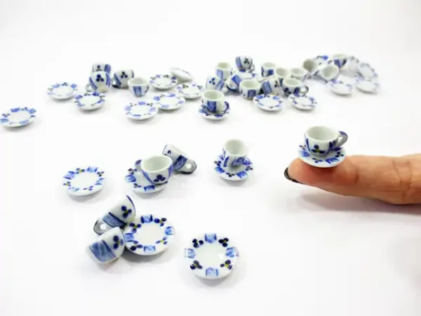 Dollhouse Miniature Ceramic BLUE PAINT Tea Cup Saucer Round Plate #S - Image 6