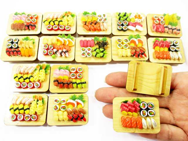 Angle view miniature sushi trays—nigiri & maki; 1:12 dollhouse room box prop