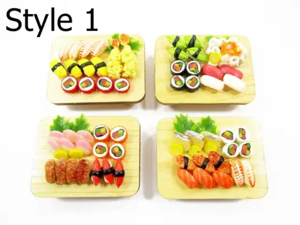 Bright assorted miniature sushi on trays; diorama café room box styling