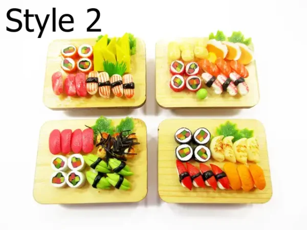 Mixed nigiri, maki, temaki on wood; miniature Japanese food for dollhouse