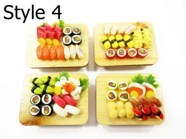 1:12 miniature sushi set on wooden tray—nigiri, maki, tempura; dollhouse display food