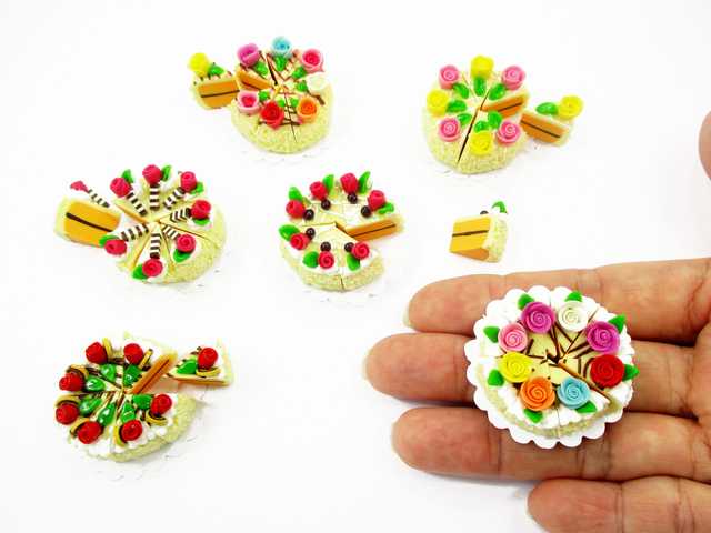 collector realistic clay miniature slice cake with rose decorations for kitchen island and bakery counter