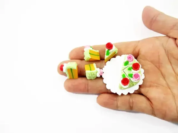 dollhouse clay miniature floral slice cake with roses, handmade gift for collectors and display